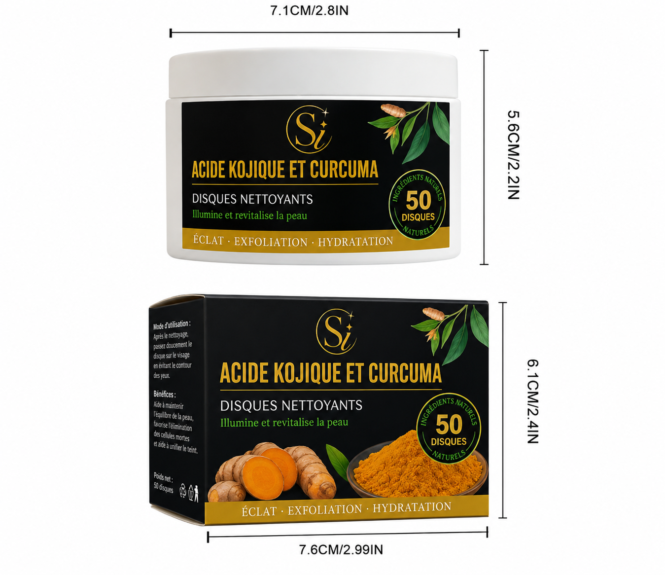 Disques Nettoyants au Curcuma & à l'Acide Kojique - 55 disques nettoyants | Éclat • Hydratation • Peau nette