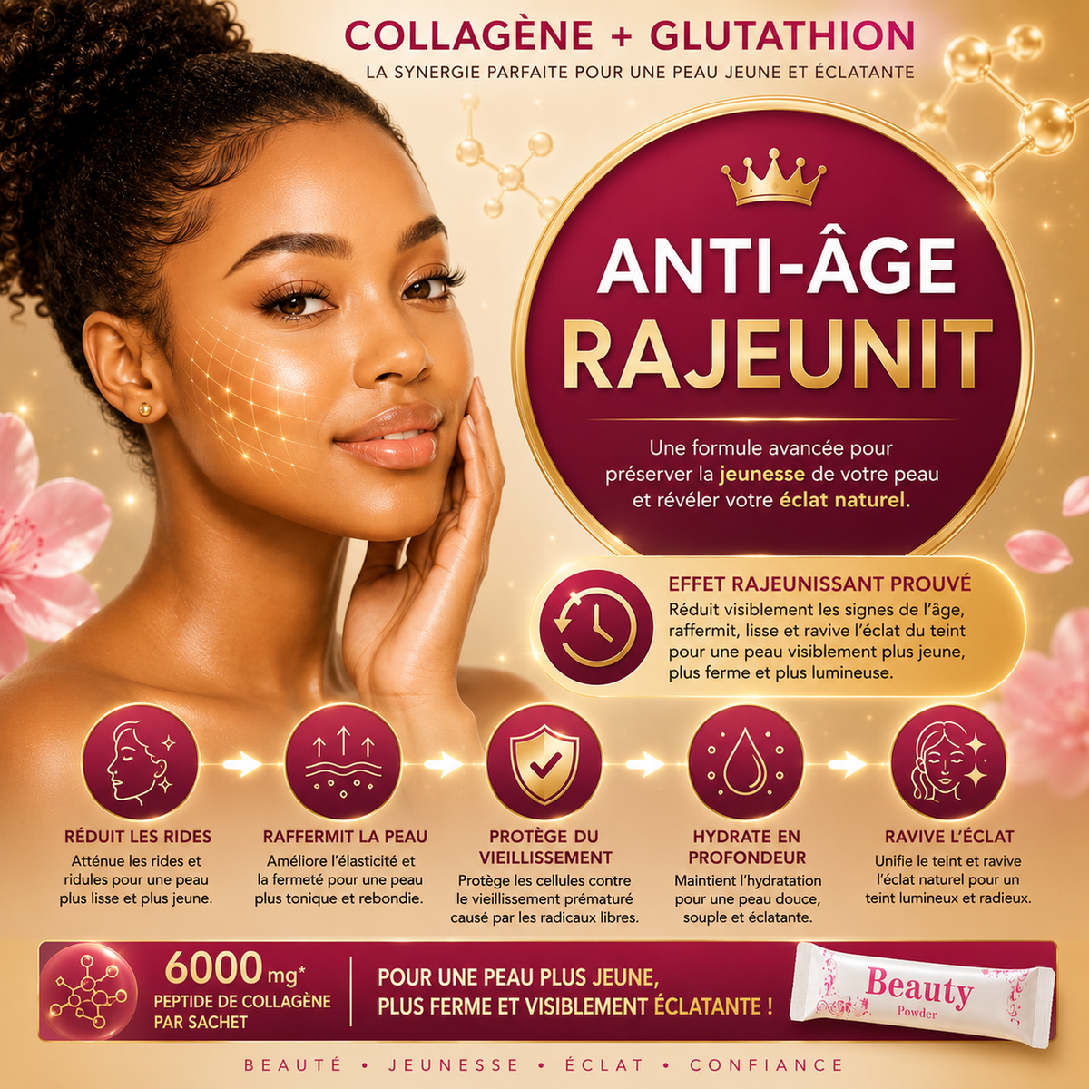 Collagène + Glutathion Détox – 6000 mg : Complément alimentaire beauté, éclat et hydratation de la peau