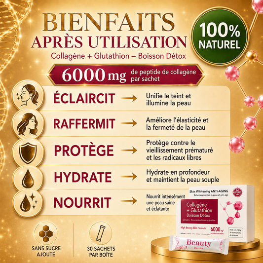 Collagène + Glutathion Détox – 6000 mg : Complément alimentaire beauté, éclat et hydratation de la peau