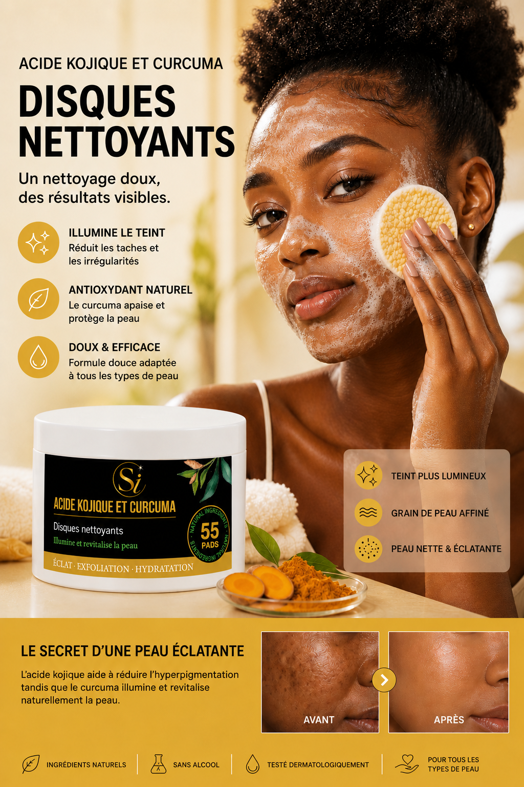 Disques Nettoyants au Curcuma & à l'Acide Kojique - 55 disques nettoyants | Éclat • Hydratation • Peau nette
