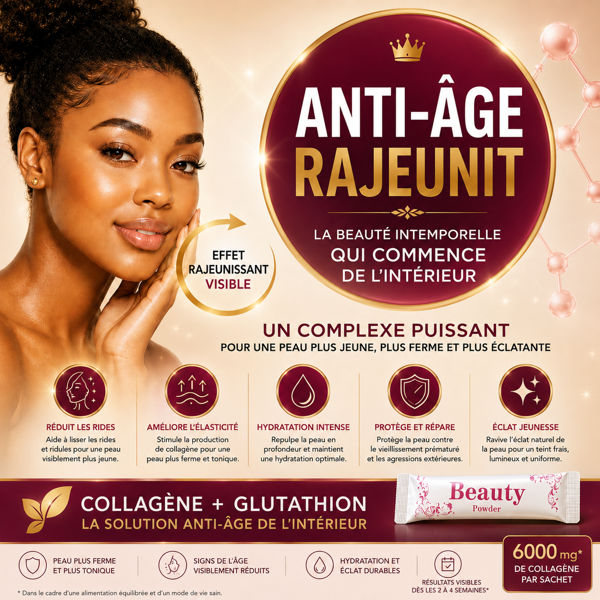 Collagène + Glutathion Détox – 6000 mg : Complément alimentaire beauté, éclat et hydratation de la peau