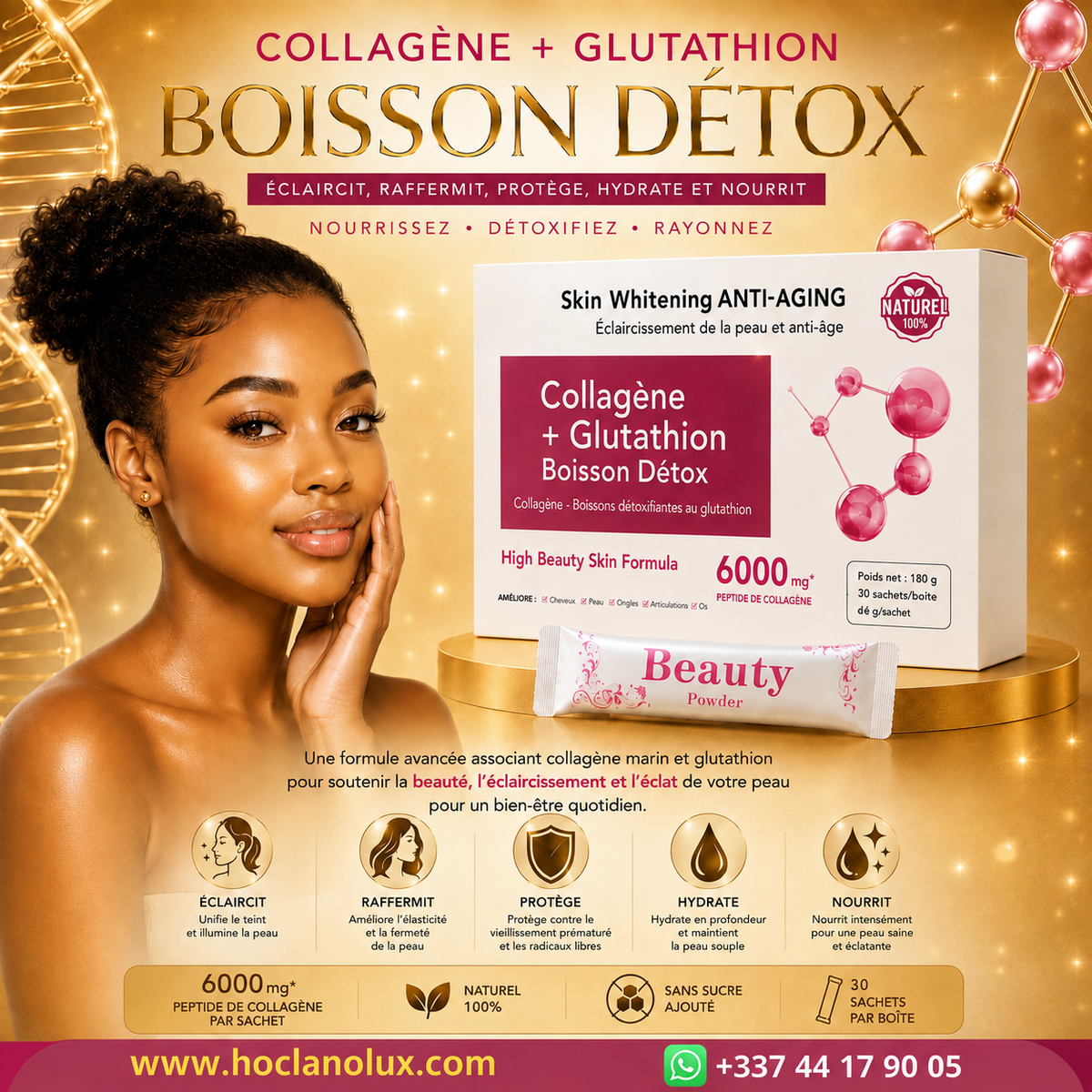 Collagène + Glutathion Détox – 6000 mg : Complément alimentaire beauté, éclat et hydratation de la peau