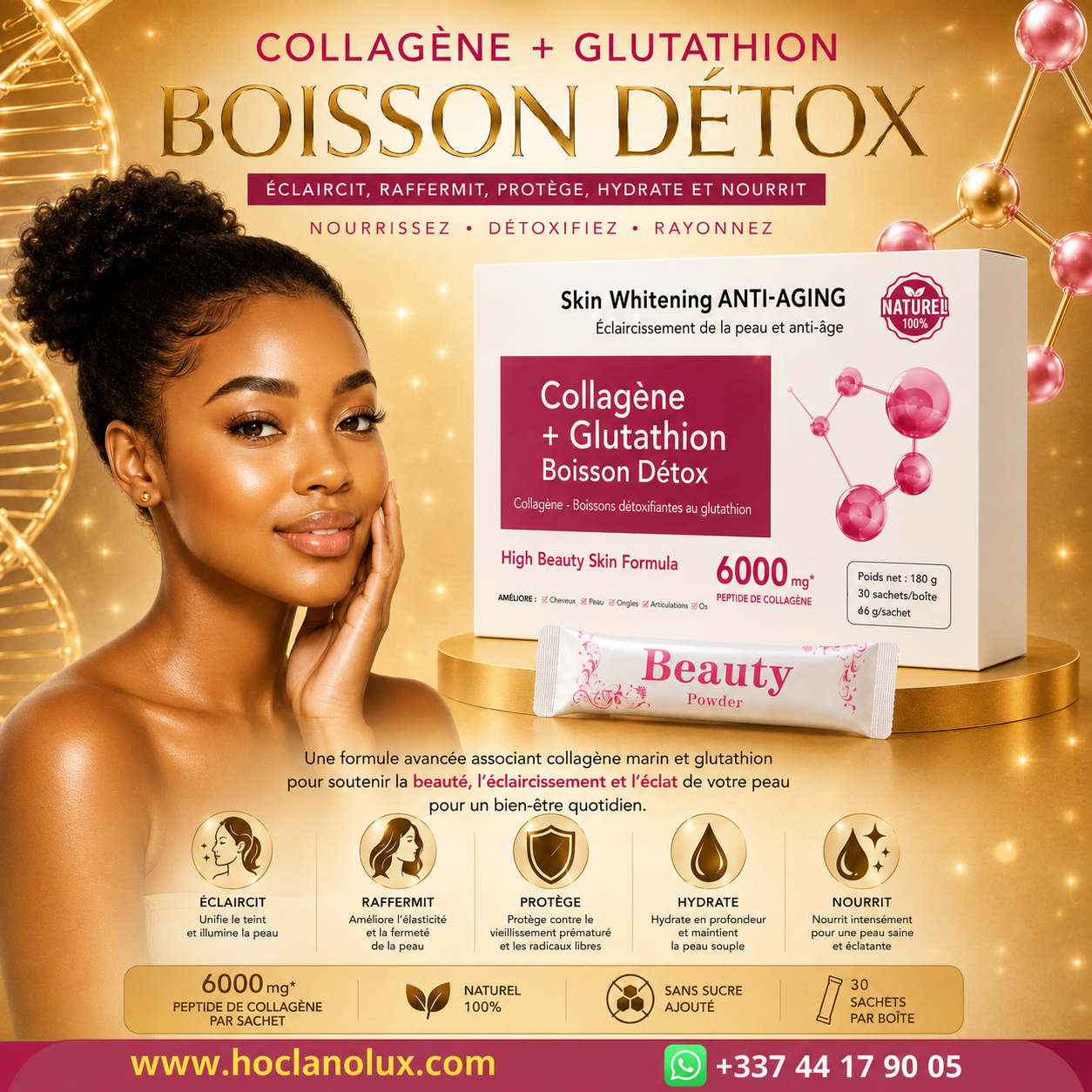 Collagène + Glutathion Détox – 6000 mg : Complément alimentaire beauté, éclat et hydratation de la peau