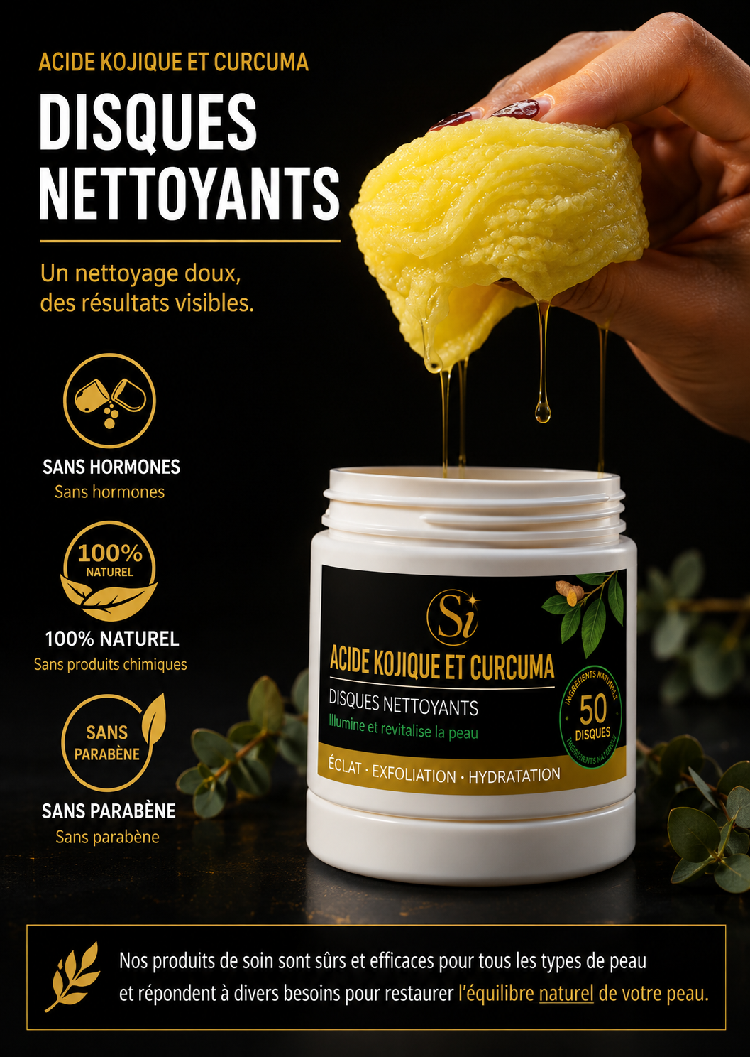 Disques Nettoyants au Curcuma & à l'Acide Kojique - 55 disques nettoyants | Éclat • Hydratation • Peau nette