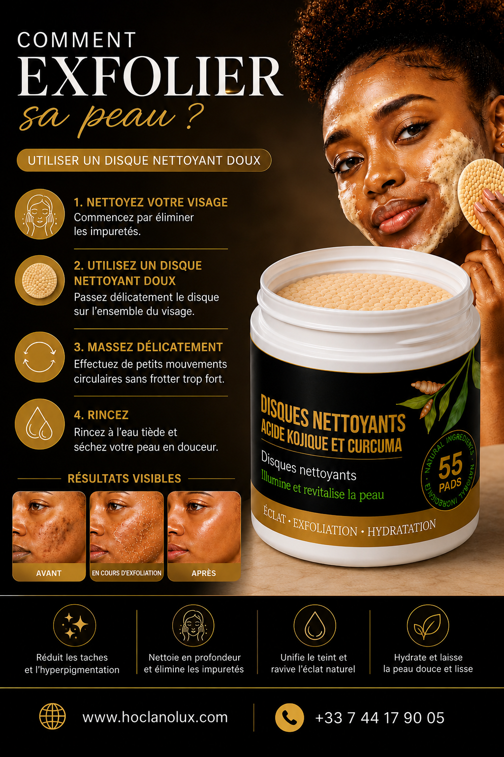 Disques Nettoyants au Curcuma & à l'Acide Kojique - 55 disques nettoyants | Éclat • Hydratation • Peau nette