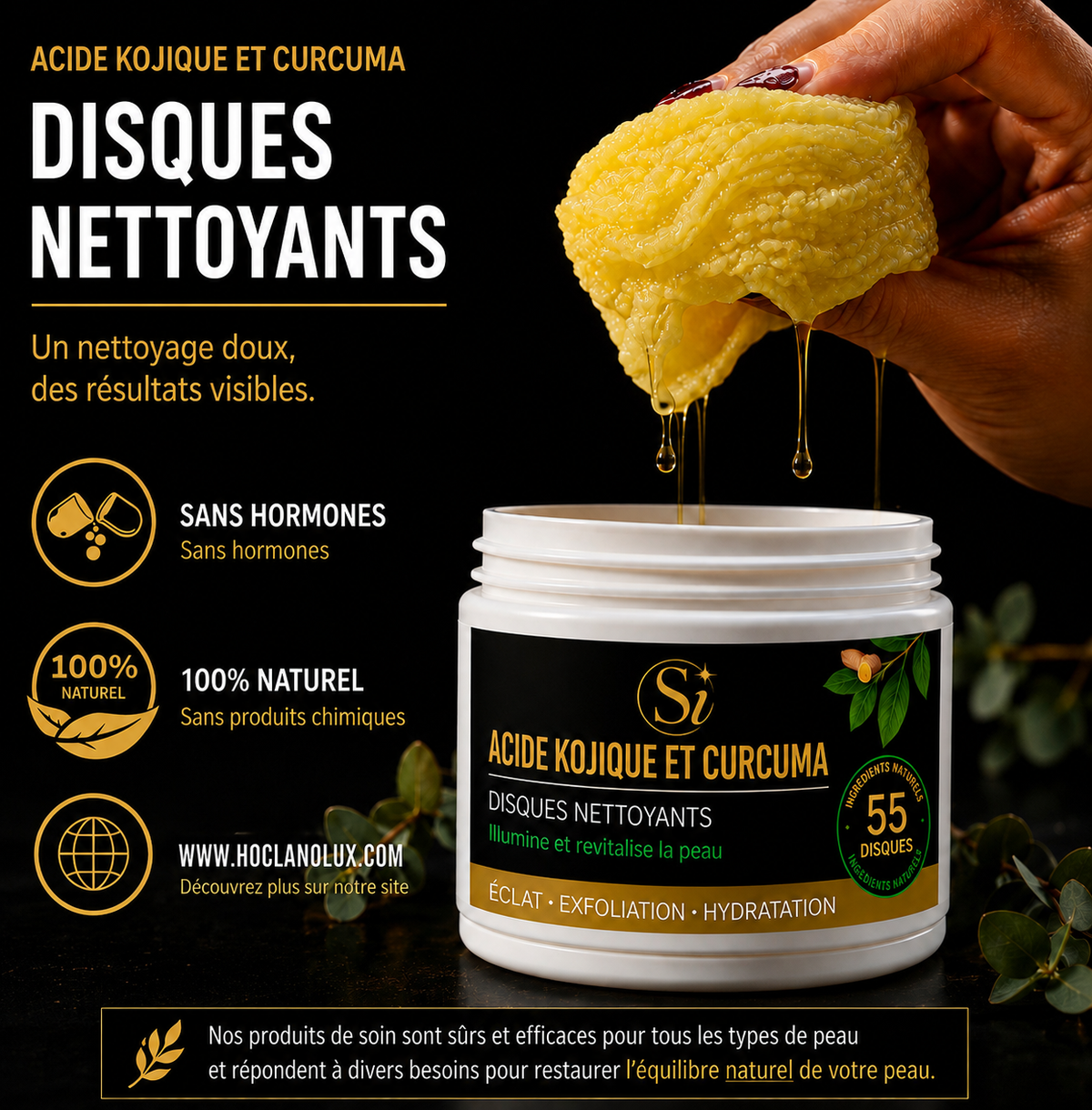 Disques Nettoyants au Curcuma & à l'Acide Kojique - 55 disques nettoyants | Éclat • Hydratation • Peau nette