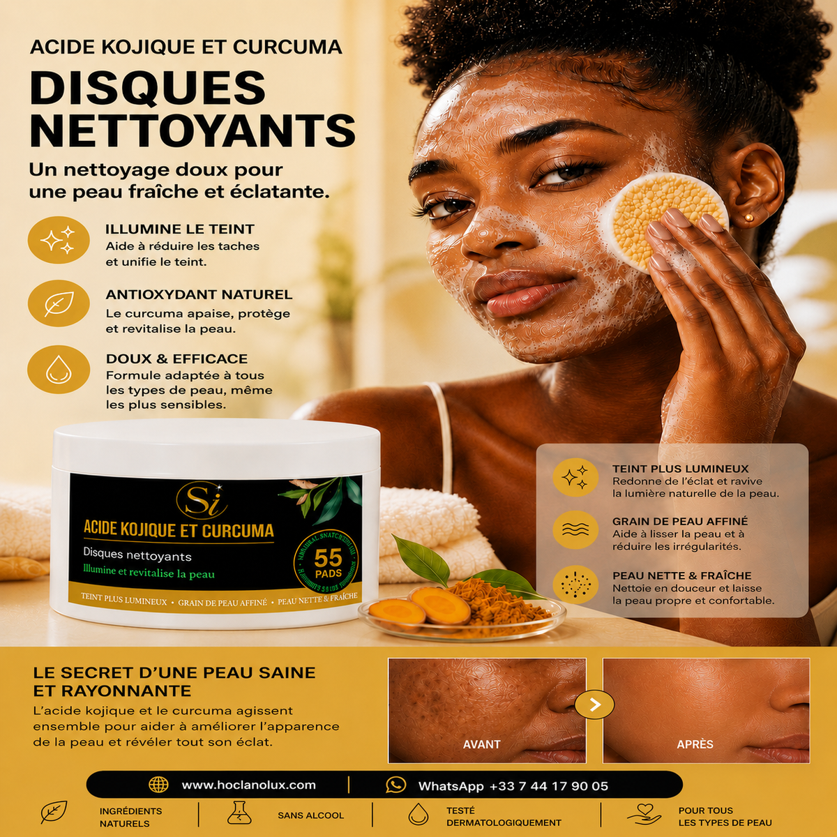 Disques Nettoyants au Curcuma & à l'Acide Kojique - 55 disques nettoyants | Éclat • Hydratation • Peau nette